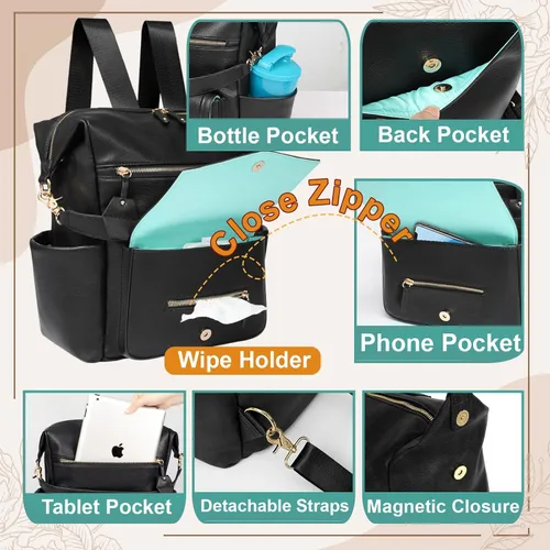 Miniatura 3 de MOMINSIDE Mochila para pañales, hobo convertible, bolsa de bebé grande con 14 bolsillos, 6 bolsas para botellas, bolsa para toallitas, bolsillos