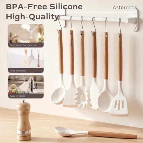 Miniatura 8 de Astercook Juego de utensilios de cocina, 39 piezas de utensilios de cocina de silicona con mango de madera, juegos de utensilios de cocina Crema