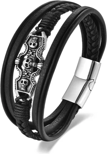 Pulsera de cuero negro para hombre, cuero negro de múltiples hebras con tres calaveras, acero inoxidable, placa gótica, pulsera de identificación