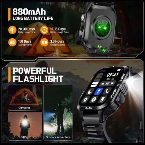 Miniatura 3 de Relojes inteligentes militares para hombre (responder/hacer llamadas) con potente linterna de 1.96 pulgadas HD, reloj inteligente táctico al aire