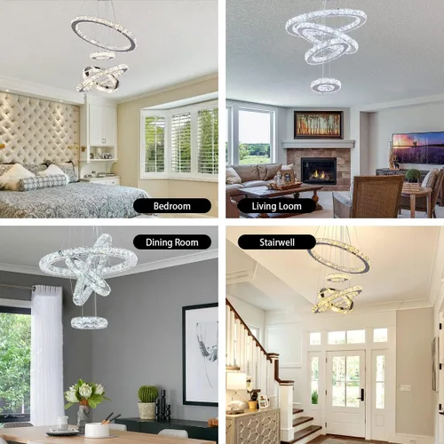 Miniatura 2 de Candelabro LED moderno contemporáneo de 2 anillos, luz colgante ajustable de acero inoxidable y cristal, accesorio de iluminación de techo