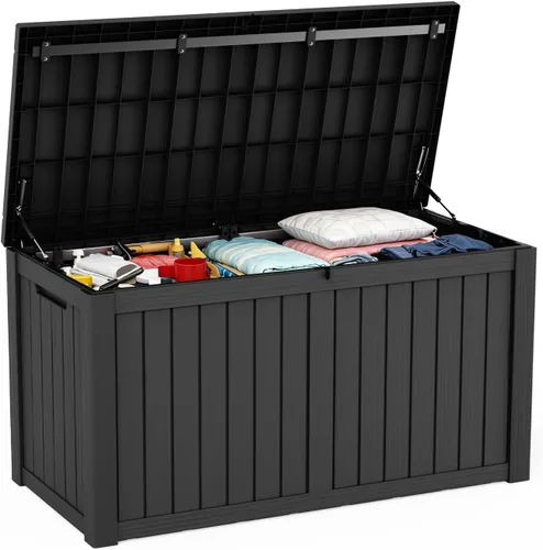 Miniatura 17 de ROJIK Caja de almacenamiento para exteriores, caja de cubierta impermeable de 85 galones, contenedor de almacenamiento exterior de resina resistente