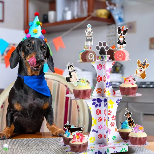 Miniatura 6 de Bokon Soporte de 3 niveles para cupcakes de perro y 24 piezas de decoración para cupcakes para perros, suministros de fiesta de cumpleaños