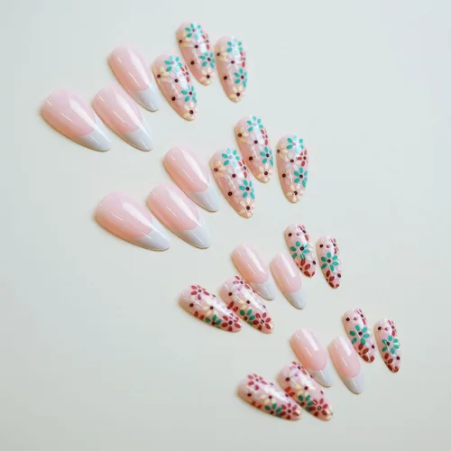 Miniatura 3 de Uñas postizas ovaladas a presión con puntas francesas, juego de uñas postizas cortas de flores artificiales, uñas postizas acrílicas con diseños