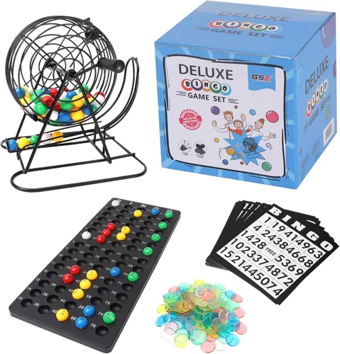 GSE Games & Sports Expert Juego de bingo de lujo con bombo de acero, tablero maestro, 75 bolas, 300 fichas, 50 tarjetas de bingo para fiestas con