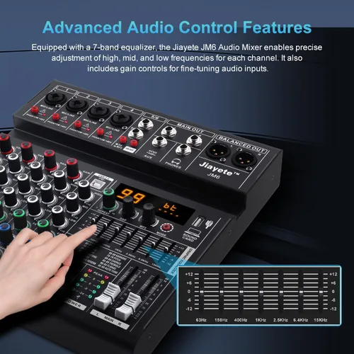 Miniatura 5 de Mezclador DJ de 6 canales, mezclador de audio profesional, metal, efectos preestablecidos DSP 99, tablero de sonido Bluetooth, alimentación fantasma