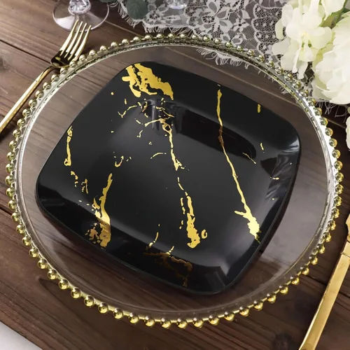 Miniatura 6 de Efavormart - Paquete de 10 platos cuadrados desechables de plástico para ensalada de 8 pulgadas, diseño de mármol negro y dorado, platos de fiesta