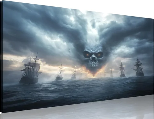 Miniatura 20 de TutuBeer 3 Piezas Arte de Pared Batalla Naval Barco Imagen Barco Pirata Velero Póster Barco Pirata Azul en Llamas Imagen Impresa en Lienzo Póster