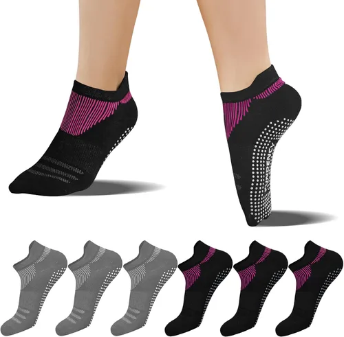 FUNDENCY Calcetines de yoga antideslizantes para mujer, 6 pares, calcetines antideslizantes para pilates, Bikram Fitness Calcetines con empuñaduras,