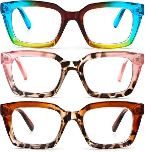 Miniatura 8 de DXYXYO Paquete de 3 lentes de lectura retro de gran tamaño para mujeres y hombres, a la moda, cuadrados, con bloqueo de luz azul, lector