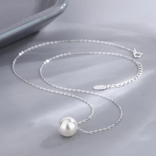 Miniatura 4 de Gargantilla flotante de plata de ley 925 con perlas de concha de 0.315in, collar de dama de honor para mujer, color blanco (CYX0009), Perla, Perla