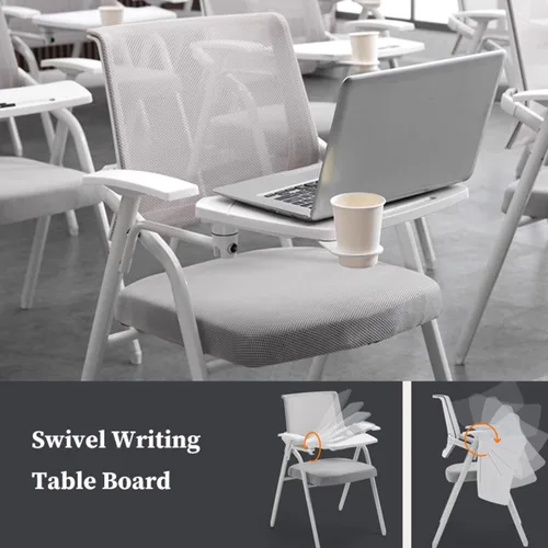 Miniatura 6 de Silla de oficina de malla con escritorio adjunto para adultos, silla plegable ergonómica con tablero de escritura, respaldo de marco de metal