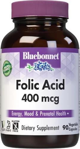 Bluebonnet Nutrition Ácido fólico 400 mcg, salud prenatal y posnatal*, sin OMG, vegano, certificado Kosher, sin gluten, sin soja, sin lácteos, 90