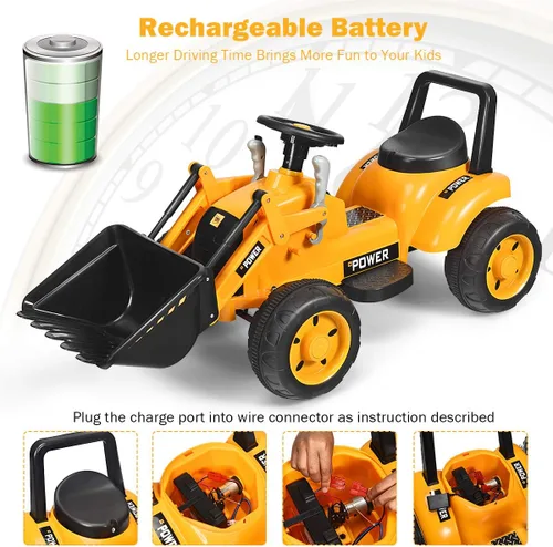 Miniatura 7 de FFlyer - Excavadora de paseo para niños, excavadora cargadora alimentada por batería de 6 V con cubo de excavación controlable, bocina