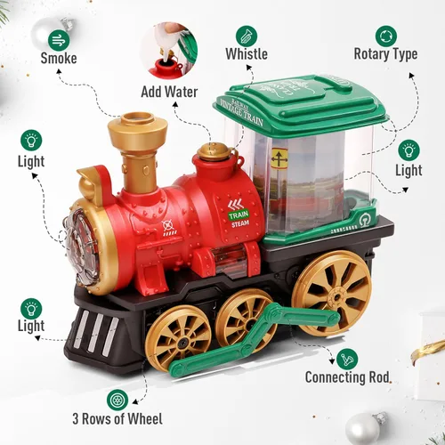 Miniatura 4 de Juguete eléctrico de tren de vapor para niños pequeños de 3 a 5 años, camión Bump and Go con locomotora de vapor, humo, luz y sonido, rotación