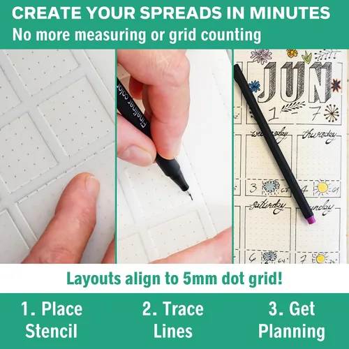 Miniatura 4 de Speedy Spreads - Plantillas de diario (diseños semanales #1), plantillas x6 para cuaderno de cuadrícula de puntos A5, ahorra tiempo en diseños