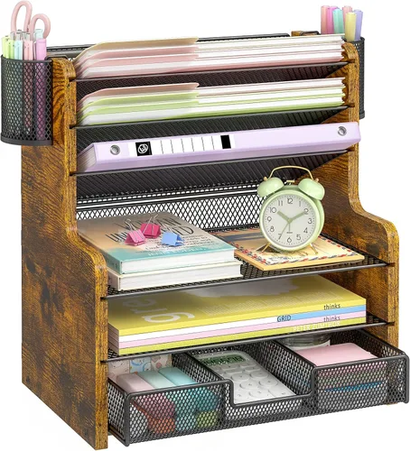 DAOUTIME Organizador de escritorio de malla de 6 niveles con cajón, organizador de oficina de madera para papeles, carpetas y suministros de