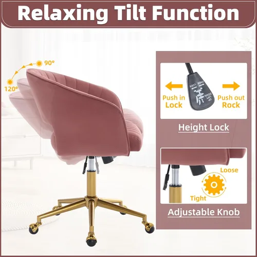 Miniatura 4 de ABET Silla de escritorio con ruedas, silla de oficina en casa de terciopelo, silla giratoria con base dorada, sillas acentuadas modernas tapizadas