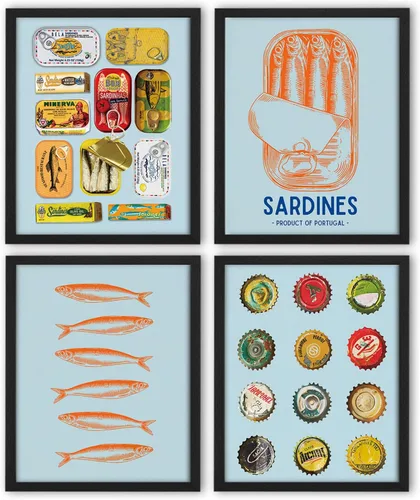 NaZaUK Impresiones Artísticas Vintage de Peces Sardina Decorativos Costeros de Playa, Impresiones Artísticas Vintage para Pared de Cocina, Póster