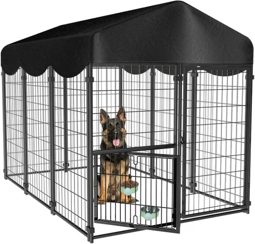 Miniatura 10 de Perrera resistente para perros al aire libre, perreras cubiertas exteriores con techo, 4 x 4.2 x 4.5 pies, puerta de comedero ajustable para perros