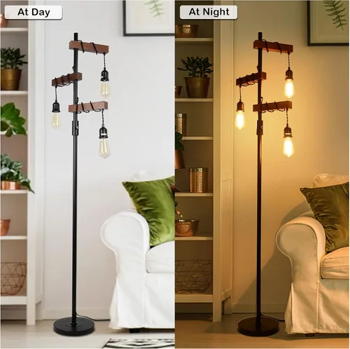 Miniatura 2 de Lámpara de pie industrial, estilo árbol de granja de 68 pulgadas, 3 luces, lámpara de pie de madera, poste alto de metal vintage negro resistente
