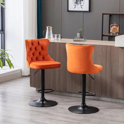 Miniatura 48 de Juego de 2 modernos taburetes de bar giratorios ajustables, sillas de bar copetudas de terciopelo beige con respaldo y ribete de cabeza de clavo