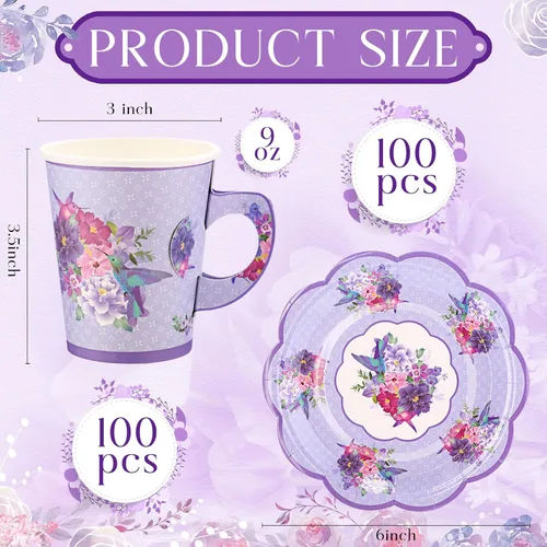 Miniatura 2 de Mifoci Juego de 200 tazas y platos de papel floral de 9 onzas, tazas de té y platillos desechables, tazas de té y platillos de flores vintage