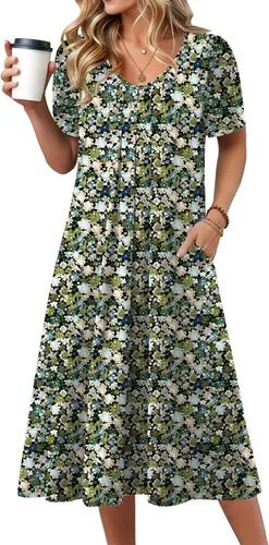 Miniatura 8 de Zeagoo Vestido de verano para mujer, casual, floral, midi, con bolsillos, cuello en V, plisado, manga corta, estilo alineado, para vacaciones