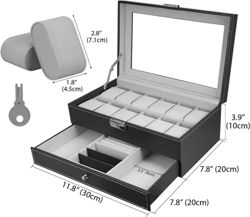 Miniatura 4 de Hossejoy Caja de reloj de cuero con 12 organizadores de relojes para hombre con cajón de exhibición de joyas organizador de caja de reloj