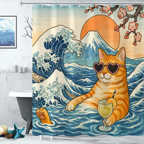 Miniatura 3 de Juego de cortinas de ducha relajadas con diseño de ondas de arte japonés impermeable, cortina de ducha para baño, divertida escena de vacaciones