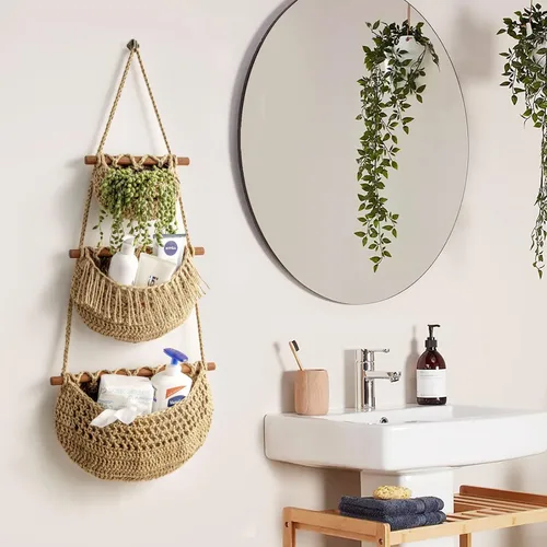 Miniatura 8 de Cesta de frutas colgante, organizador de 3 niveles sobre la puerta, cestas de pared de yute tejidas a mano para organizar, decoración BOHO