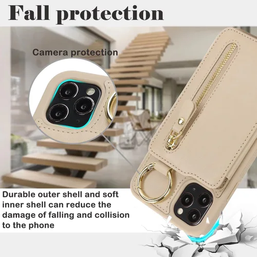Miniatura 5 de Havaya Funda para iPhone 11 Pro Max con tarjetero y llavero, soporte de cuero, a prueba de golpes, con ranuras para tarjetas de crédito, cremallera