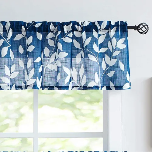 Miniatura 14 de Treatmentex Cortinas azules de cocina de 24 pulgadas con estampado de hojas blancas cortas para ventanas pequeñas, 2 paneles