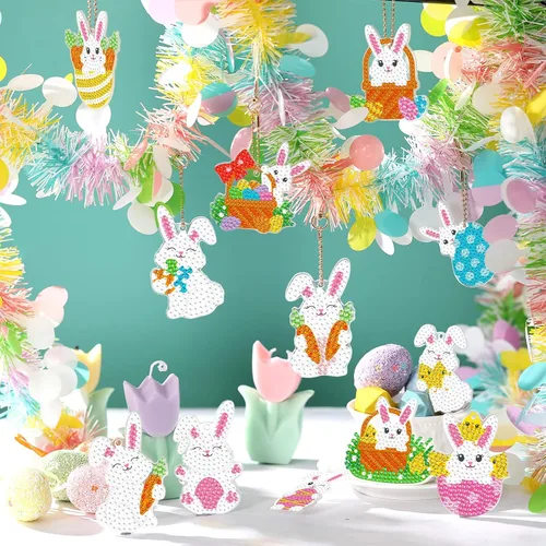 Miniatura 2 de Ferraycle Kit de llavero de pintura de diamante de Pascua de 12 piezas 5D DIY huevo de Pascua conejo adornos de arte colgantes lindos adornos