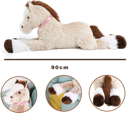 Miniatura 3 de Tezituor Juguete de Animal de Caballo de Peluche Grande, Almohada de Peluche de Caballo Realista Grande de 35 Pulgadas, Juguetes de Poni Marrón