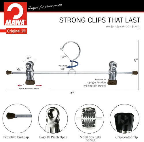 Miniatura 7 de Mawa by Reston Lloyd - Percha de ropa para pantalones y faldas con dos clips antideslizantes, estilo K/30D, 12 pulgadas, juego de 12, negro
