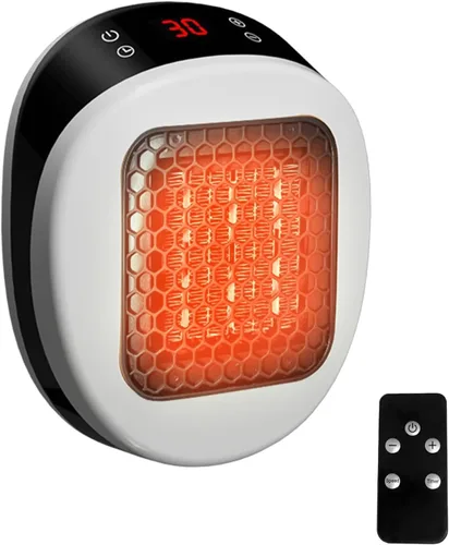 Calentador de espacio portátil enchufable, 600 W, calentador de pared pequeño para uso en interiores, control remoto, temporizador de 12 horas, modo