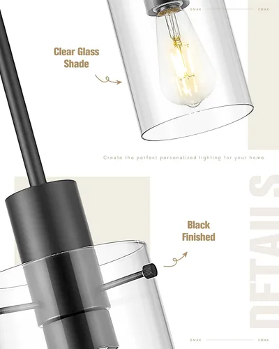 Miniatura 4 de Emak PL127-BKBK-CG-2PK - Luces colgantes negras de isla de cocina, paquete de 2 lámparas colgantes de 5 pulgadas con pantalla de vidrio