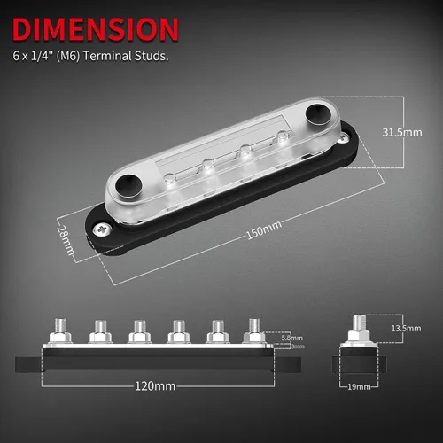 Miniatura 2 de DaierTek - Barra colectora de 300A 12V marina, bloque de distribución de potencia con cubierta, 6 pernos de 3/8" (M10), máximo 300V CA, 48V CC