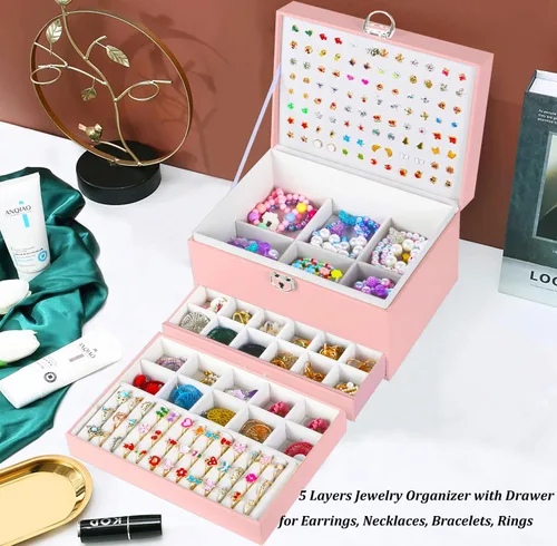 Miniatura 107 de Joyero de pendientes para mujeres y niñas, organizador de aretes de 5 capas, caja organizadora de joyas blanca con candado, collares y aretes