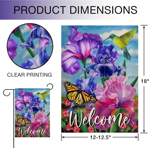 Miniatura 2 de Hzppyz Bandera de bienvenida para jardín de colibrí de primavera de doble cara, flor morada, pájaro amarillo, mariposa, decorativa, casa, patio