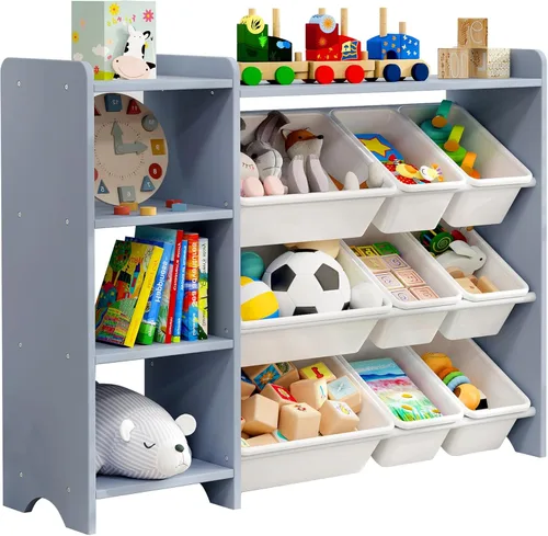 MallBest Estante organizador de almacenamiento de juguetes para niños de 4 niveles, 100% madera maciza, armario de almacenamiento para niños con 9