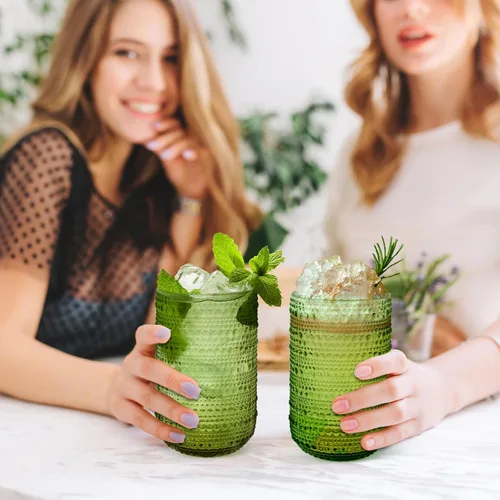 Miniatura 6 de CHLJAR Hobnail - Juego de 6 vasos para beber, juego de cristalería vintage de 14 onzas, vaso de agua verde en relieve para cerveza, jugo, cóctel