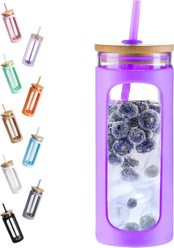 Miniatura 43 de Kodrine Vaso para agua de vidrio de 20 onzas con popote y tapa, botella de agua con tapas de bambú, taza para café helado, reutilizable, boca ancha