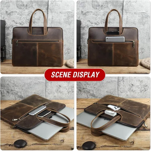 Miniatura 3 de Top Grain Leather - Maletín delgado para laptop de 15.4 pulgadas, diseño vintage con 5 bolsillos, hecho a mano, compatible con MacBook Pro/Air de 5