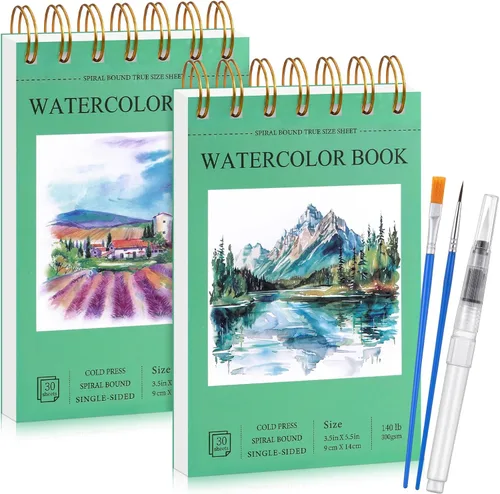 2 cuadernos de bocetos pequeños de acuarela con pinceles de acuarela, 3.5 x 5.5 pulgadas, 60 hojas de 140 libras/10.58 oz de papel de acuarela en
