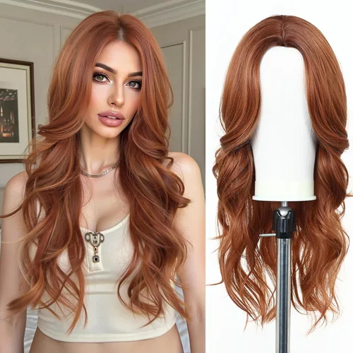 Miniatura 19 de Esmee Pelucas largas de color castaño rojizo ombré para mujer, peluca de cabello sintético ondulado y rizado natural para uso diario, fiestas
