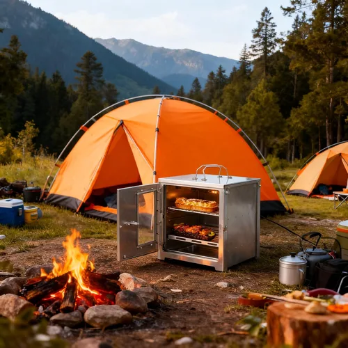 Miniatura 4 de POMOLY Horno de campamento de 12.6 pulgadas de alto con parrilla de 2 niveles, horno de titanio portátil con termómetro para hornear, calefacción