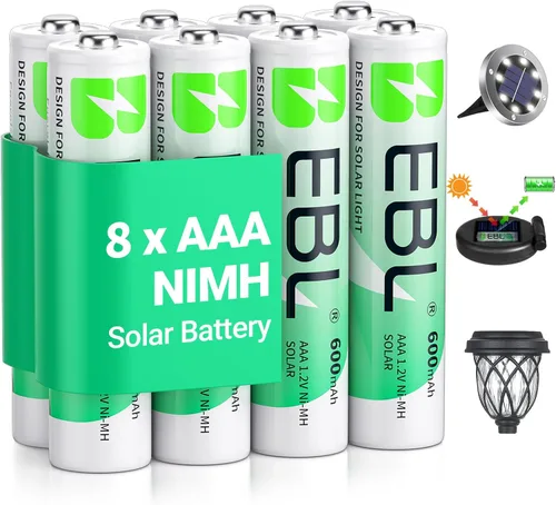 EBL Batería solar AAA para luces solares de repuesto de 1.2 V 600 mAh pilas AAA recargables triple A para control de juegos, control remoto RC,