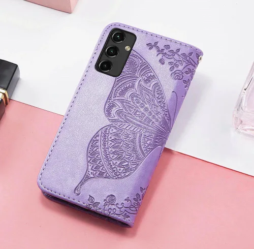 Miniatura 6 de Funda para teléfono Galaxy A14 5G, cartera con tapa para mujer, de piel sintética en relieve de mariposa con tarjeteros de crédito, correa de Lavanda